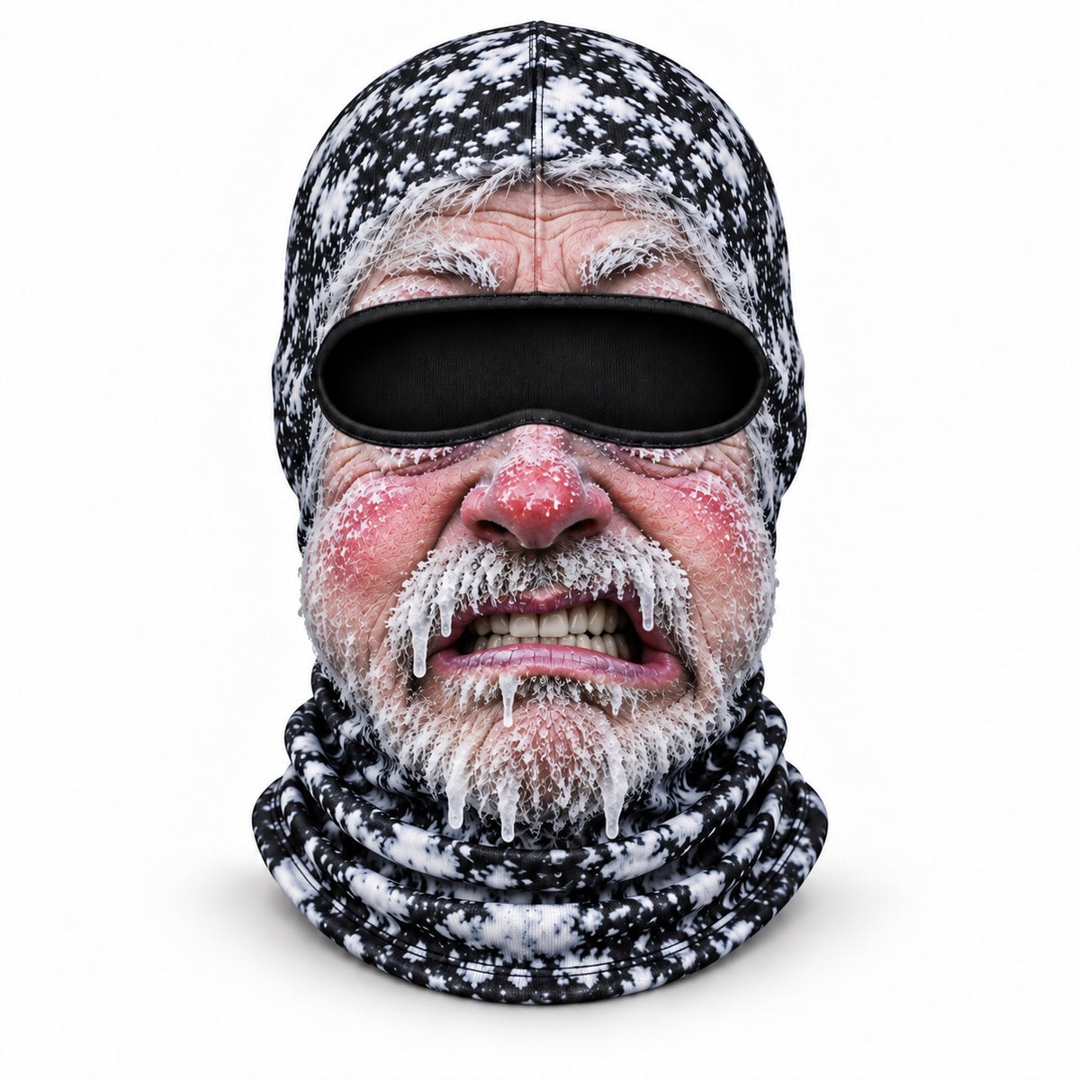 Frostface Icicle Ike printed hood with frosted mustache and gritted teeth