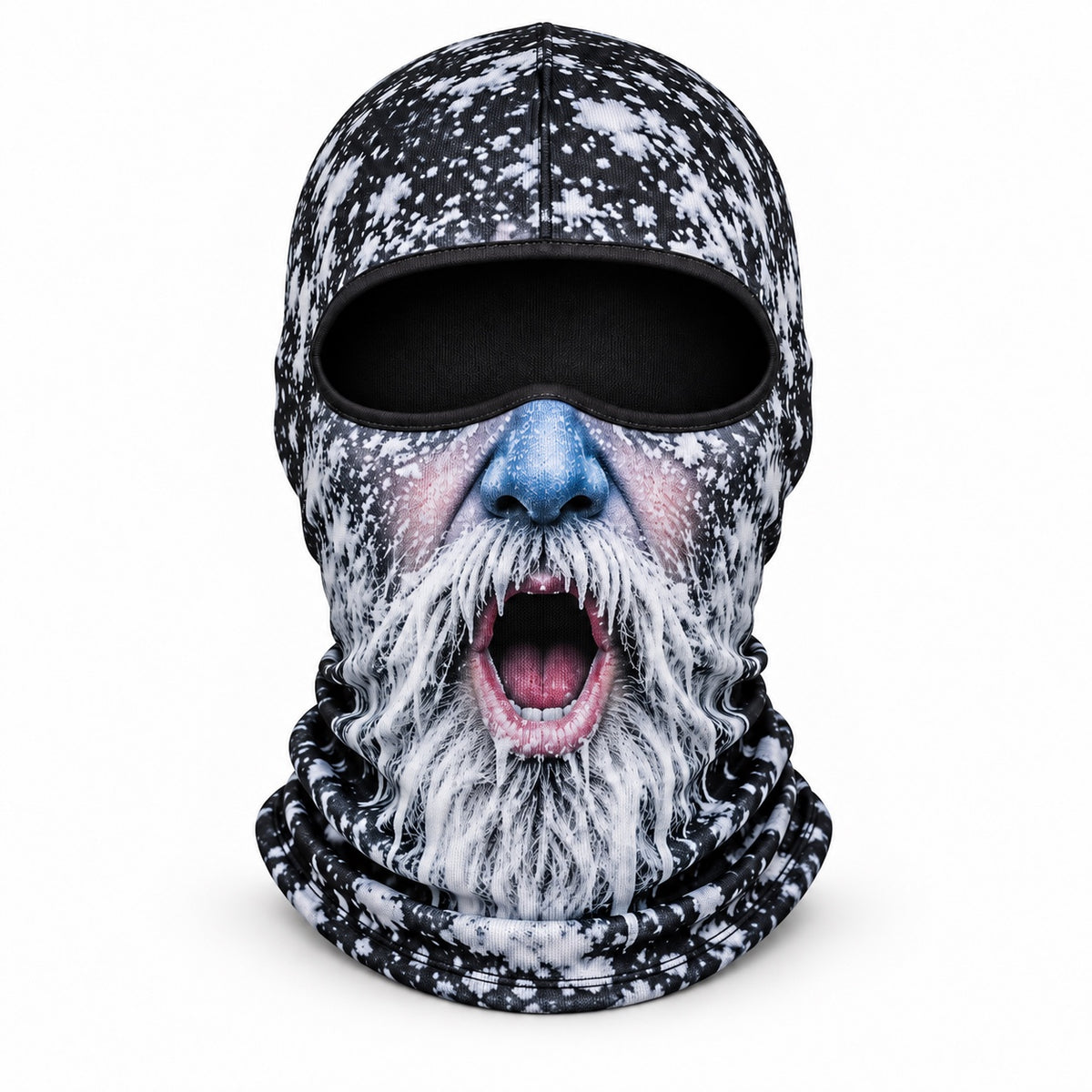 Frostface Blue Nose Norman printed hood with blue nose and open-mouth expression