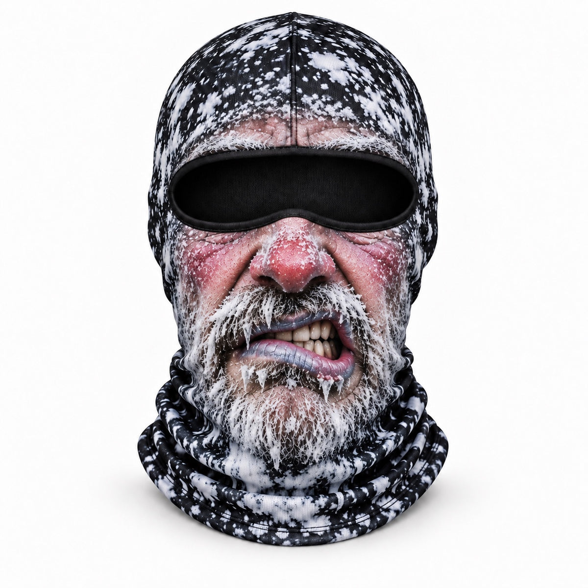 Frostface Chattering Chet printed hood with icy beard and gritted teeth