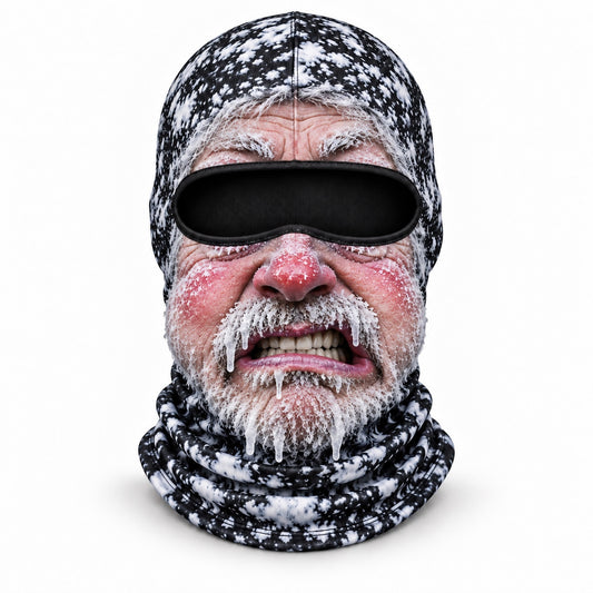 Frostface Icicle Ike printed hood with frosted mustache and gritted teeth