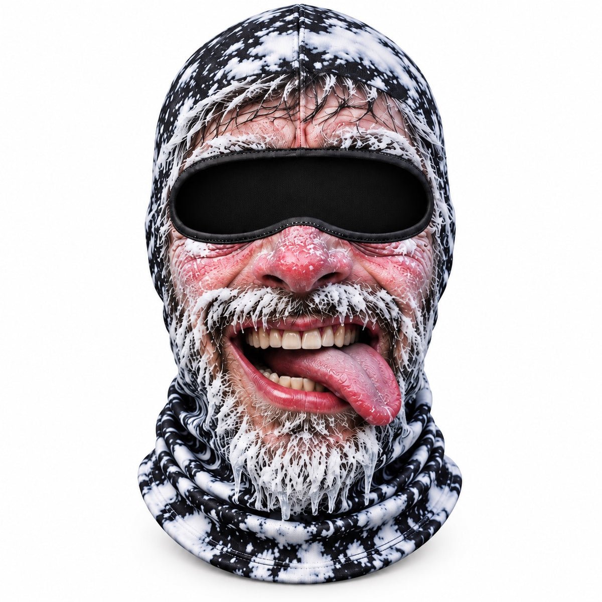Frostface Powder Day Pete printed hood with icy beard and sideways tongue