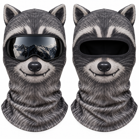 Frostface Raccoon Bandit Hood with and without ski goggles