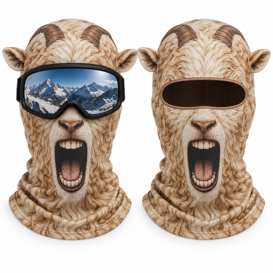 Frostface Screaming Goat Hood with and without ski goggles