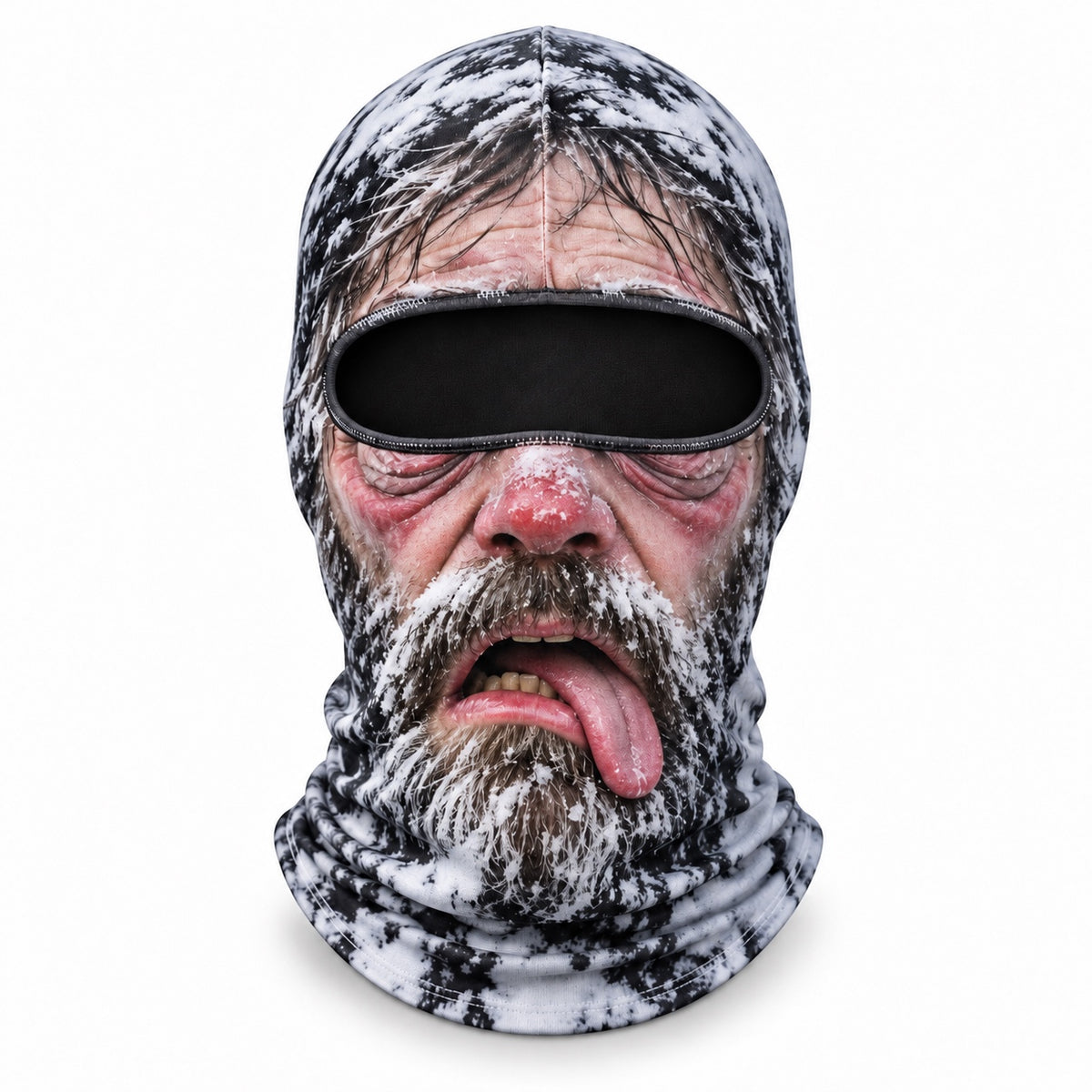 Frostface Tongue-Out Trevor printed hood, frosted beard and tongue-out expression