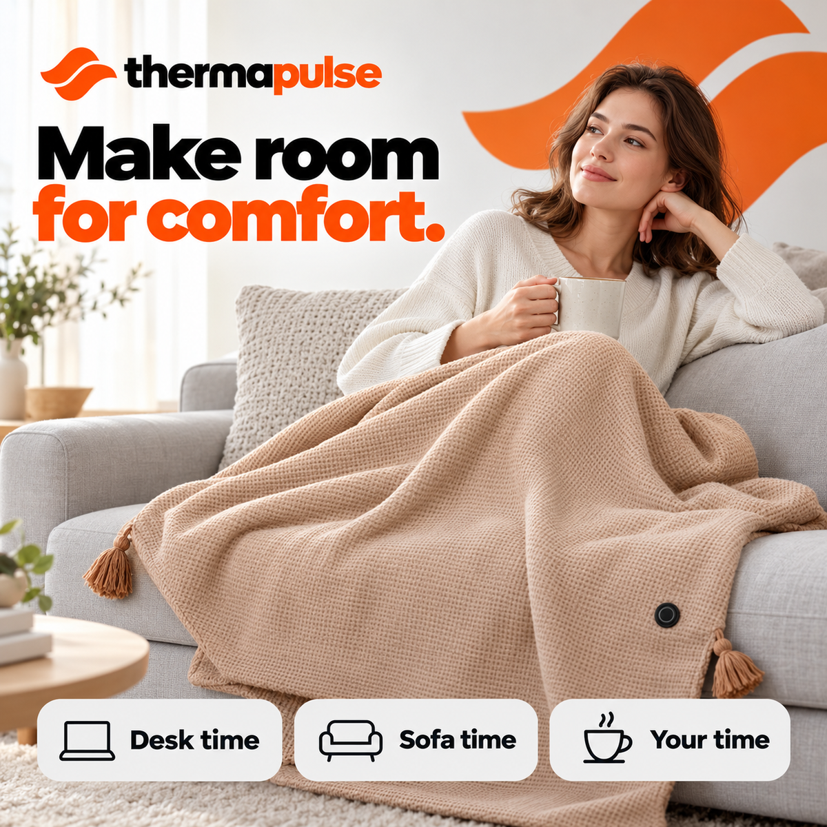 Thermapulse CozyWrap beige heated blanket draped over the lap on a sofa.