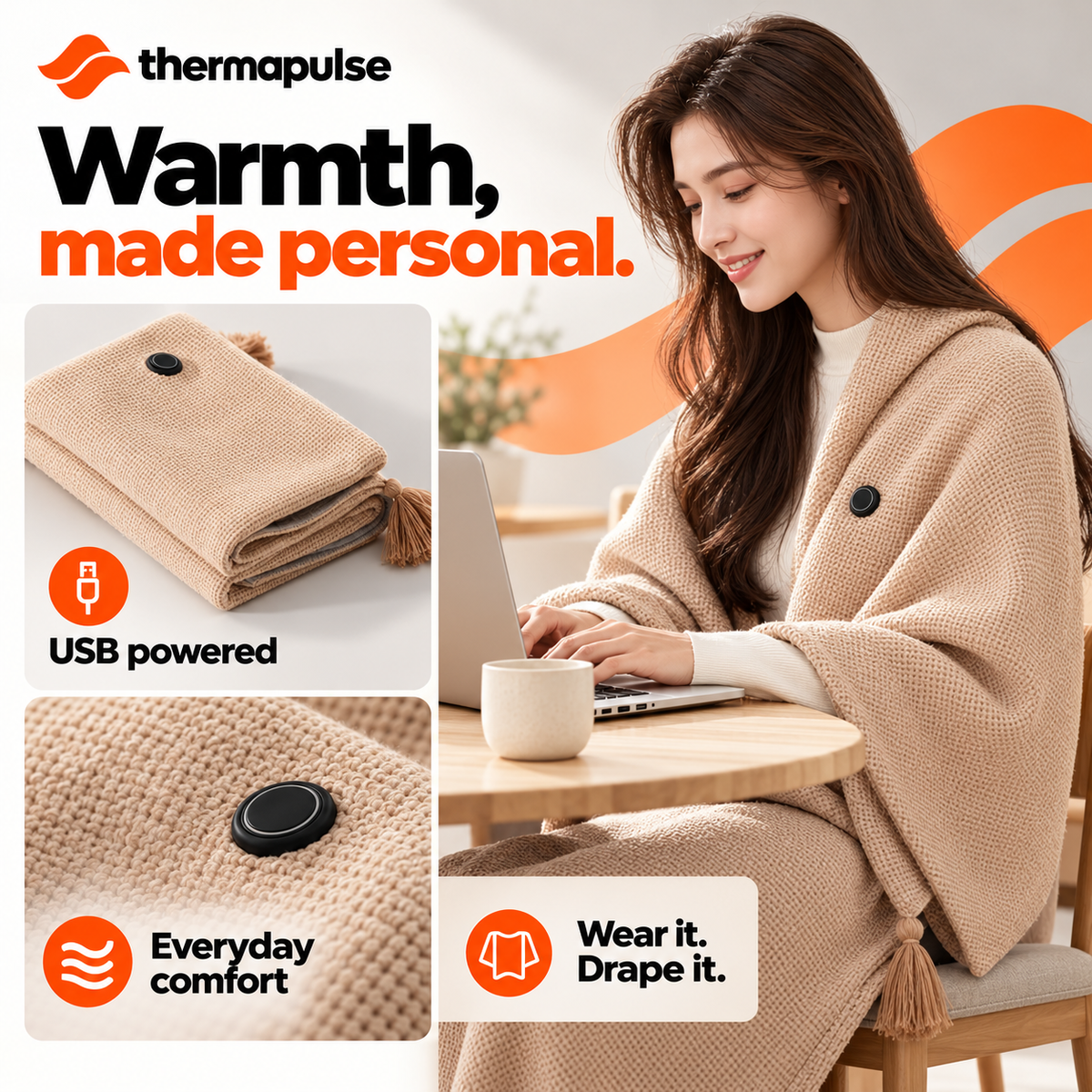 Thermapulse CozyWrap beige USB heated blanket worn as a shawl at a desk, with product detail views.