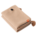 Thermapulse CozyWrap beige folded USB heated blanket with tassels and round control on a transparent background.