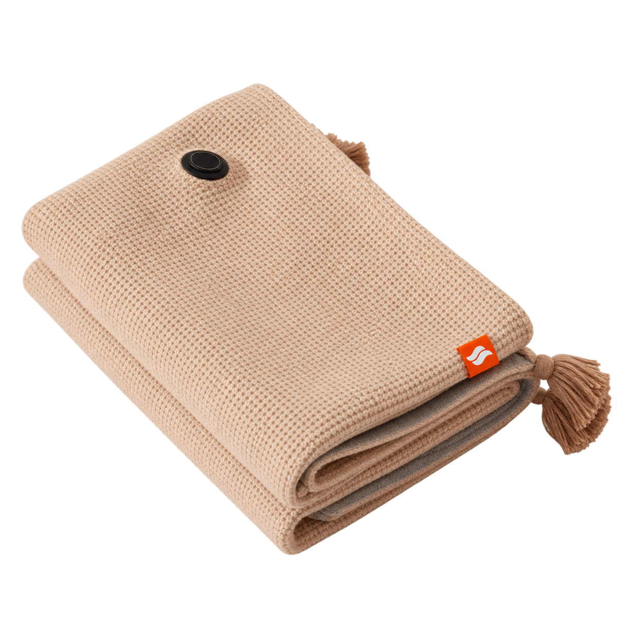 Thermapulse CozyWrap beige folded USB heated blanket with tassels and round control on a transparent background.